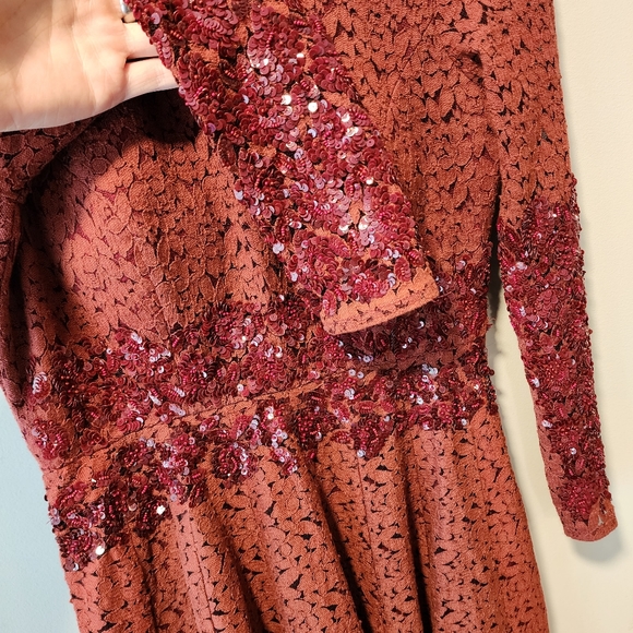 Manishii Rust/Ruby Sequin Embroidered Lace Anarkali Gown Dress Pakistani - Picture 4 of 11